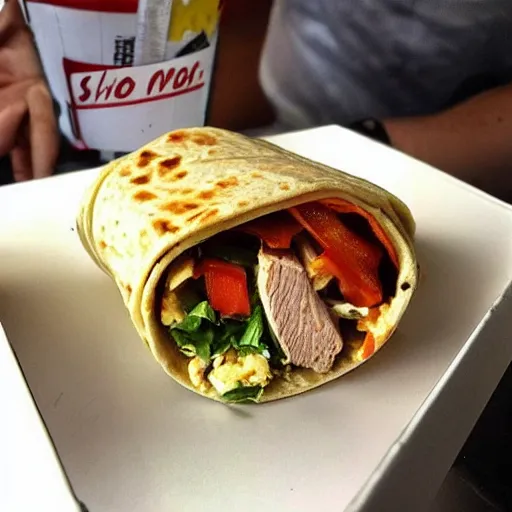 Prompt: a saucy [ chicken wrap ]! served in a tray of a [ fast food ], instagram food, hyperdetailed