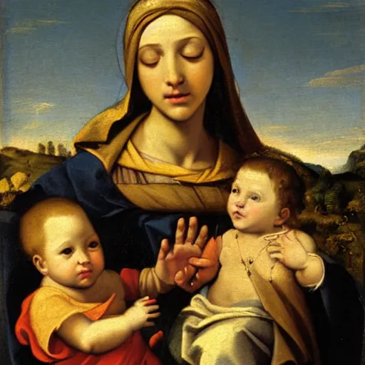 Prompt: very_detailed_oil_painting_of_The_Virgin_Mary_with_God_Child_landscape_background_by_Carracci_-H_1024_-W_1024