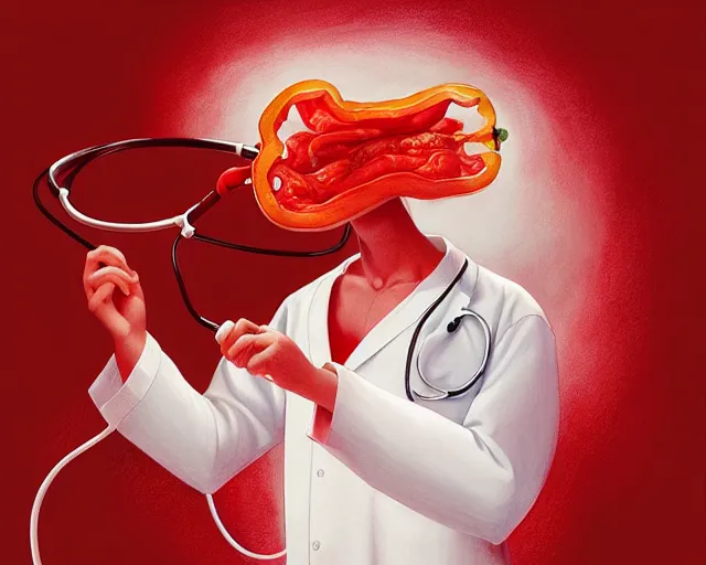 Prompt: art of a wide red pepper wearing a white lab coat and using a stethoscope by artgerm victo ngai ryohei hase artstation.