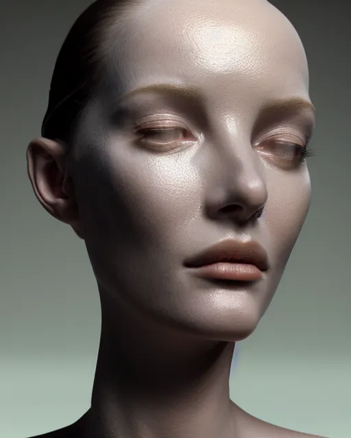 Image similar to 3D render of a beautiful portrait of a young female, elegant, highly detailed, flesh ornate, elegant, high fashion, rim light, ray trace, octane render in the style of H.R. Giger and Man Ray, Realistic, Refined, Digital Art, Highly Detailed, Cinematic Lighting, rim light, photo-realistic Unreal Engine, 8K
