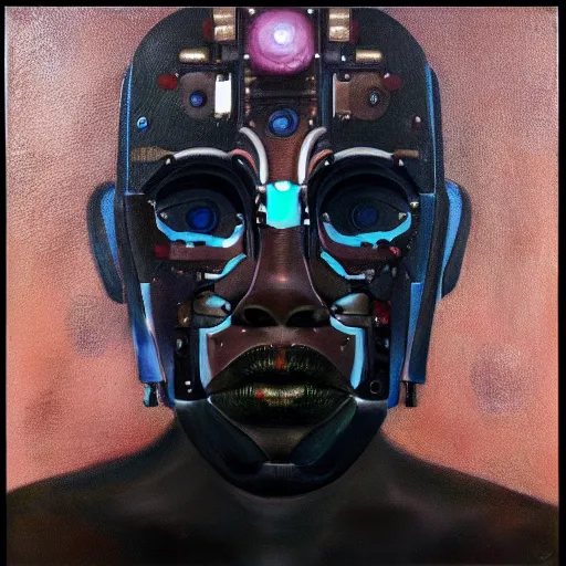 Image similar to a realistic oil painting of a black man as a cybernetic cyborg, surrealism portrait, surrealism album cover