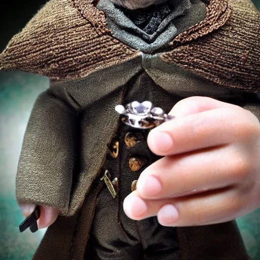 Prompt: Bilbo Baggins with the ring after a long time, realistic, photo, detailed