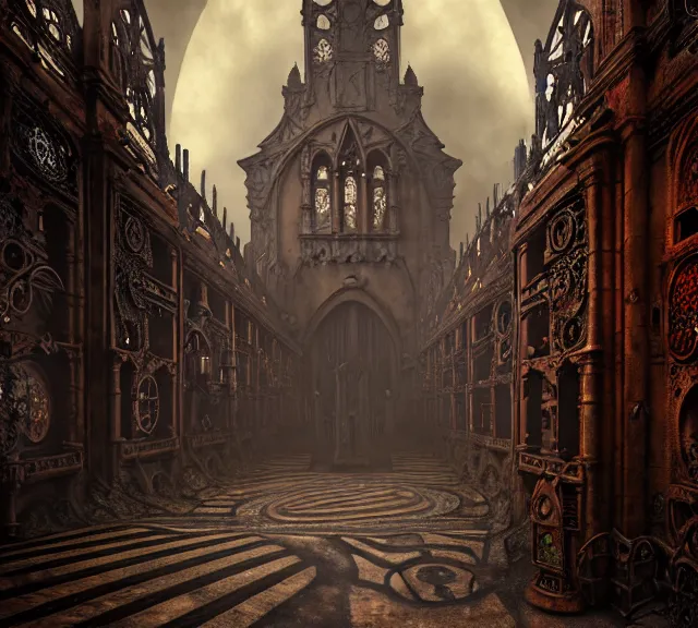 Image similar to steam necropolis, memento mori, gothic, neo - gothic, art nouveau, hyperdetailed copper patina medieval icon, stefan morrell, philippe druillet, ralph mcquarrie, concept art, steampunk, unreal engine, detailed intricate environment, octane render, moody atmospherics, volumetric lighting, ultrasharp, ominous, otherworldly