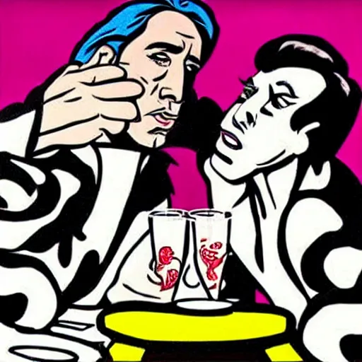 Prompt: nicholas cage arm wrestling with an octopus in a casino, pop art, roy lichtenstein style