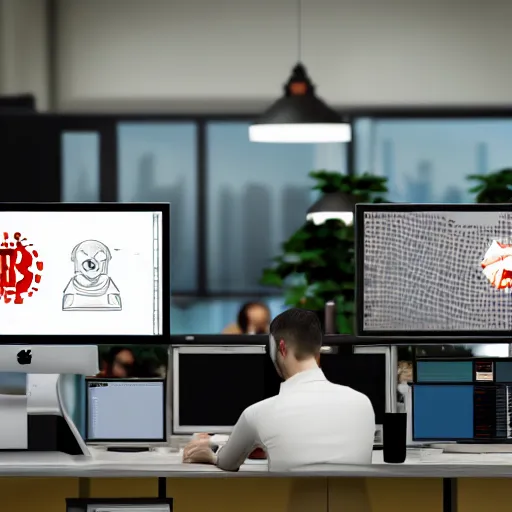 Prompt: fifty monkeys are staring a individual computer screens in a crowded cubicle - style office, the computer screens have bitcoin logos, hyperrealism, unreal engine 5, 4 k, harsh contrast lighting