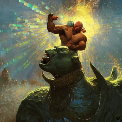 Image similar to the iron sheik breaking hulk hogan's back, radiant light, caustics, heroic, bright iridescent light, by gaston bussiere, bayard wu, greg rutkowski, maxim verehin, epic wrestling combat, legendary