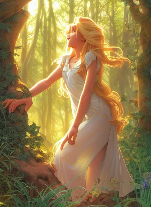 Image similar to book cover design, pretty young man with long golden blond hair, shiny and sparkling, in a forest, from behind, natural lighting, path traced, highly detailed, high quality, cartoon, digital painting, by don bluth and ross tran and studio ghibli and alphonse mucha