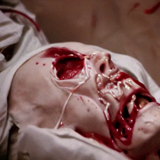 Image similar to filmic extreme wide shot dutch angle movie still 35mm film color photograph of a doctor with his head severed in half, sliced in half at the mouth, dripping blood, in the style of anatomy photography