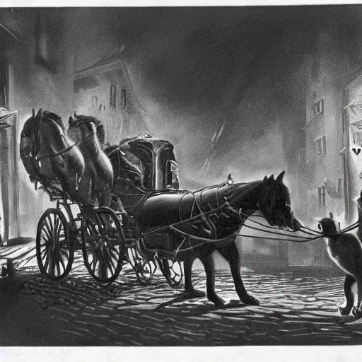 Prompt: a carriage with four horses hitting a black cat in the 1920's, realistic, alley, lovecraft, high detail