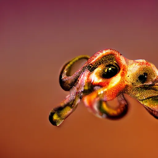 Image similar to fiery whimsical emotional eyes cephalopod, in a photorealistic macro photograph with shallow dof