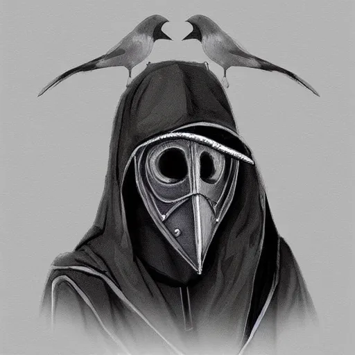 Image similar to female plague doctor donning a black hood, steel knightly armor and a white crow mask, trending on artstation