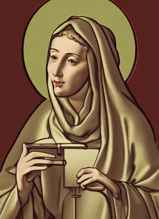 Image similar to digital art of saint catherine of siena recording a podcast wearing headphones 8k UHD detailed, vector art