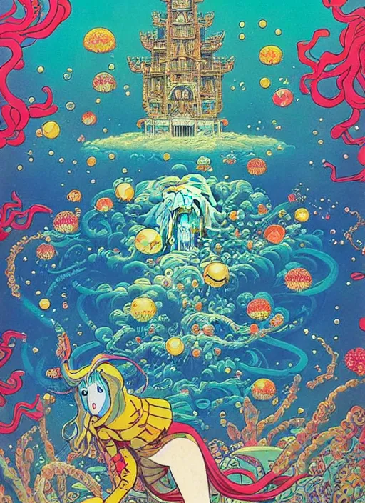 Prompt: 70s vintage anime illustration by Studio Ghibli and by James Jean, underwater carnivals filled with bubbling abstraction by Jeffery Smith by Mati Klarwein, underwater Atlantis castle is hyper detailed, bright bold colors, a surreal magical aura surrounds this temple