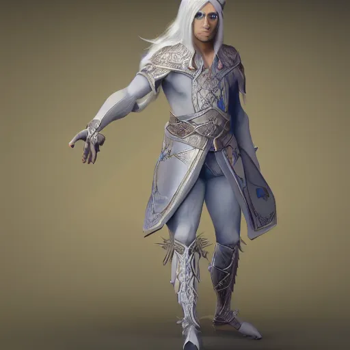 Image similar to a highly detailed male elf in full length, with white long hair, white clothes, bright blue eyes, artstation, DeviantArt, professional, octane render