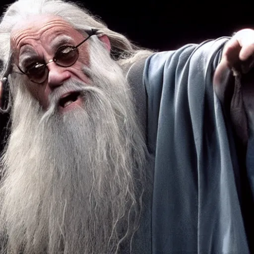 Image similar to Danny Devito as Gandalf the Grey fighting Saruman