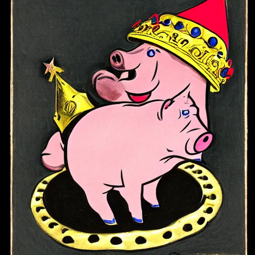 Image similar to al capp drawing of a pig wearing a gold crown