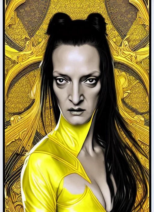 Prompt: uma thurman in kill bill, rococo and art nouveau fusion, reflective katana, yellow jumpsuit with black stripe, highly detailed, deep focus, elegant, digital painting, smooth, sharp focus, illustration, ultra realistic, japanese art by artgerm and alphonse mucha