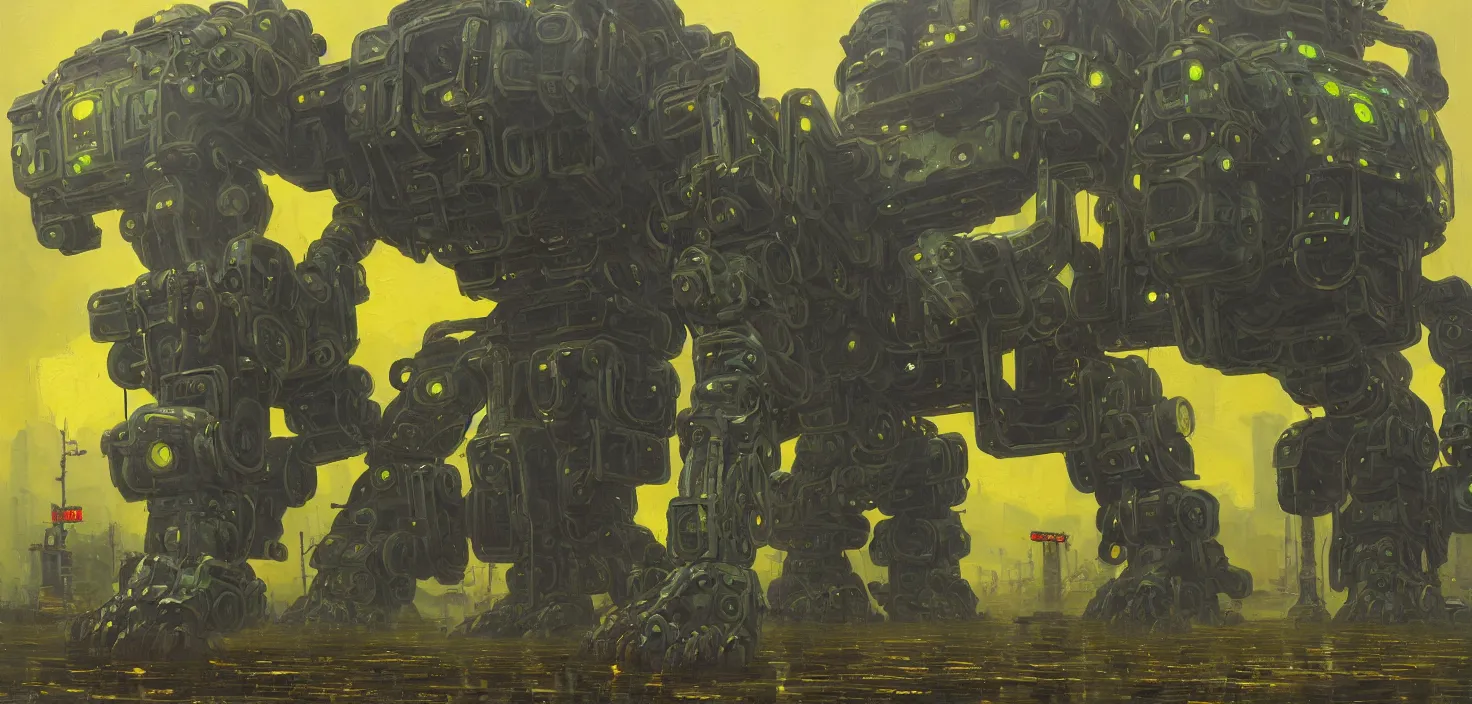 Image similar to an intricate oil painting of a giant armored metal mecha by simon stalenhag, green, yellow and black trim