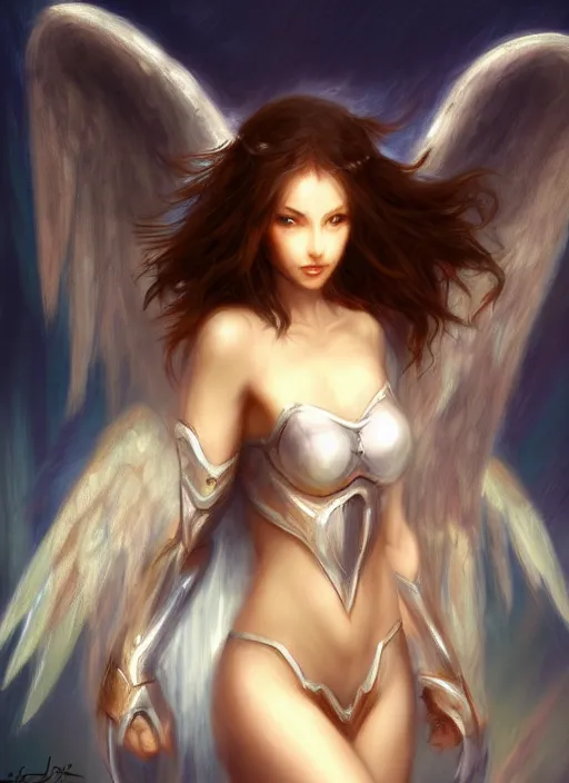 Image similar to concept art, angel knight girl. by artstation trending, by joseph mallord william turner, luis royo, konstantin razumov, cinematic lighting, fractal flame, highly detailed