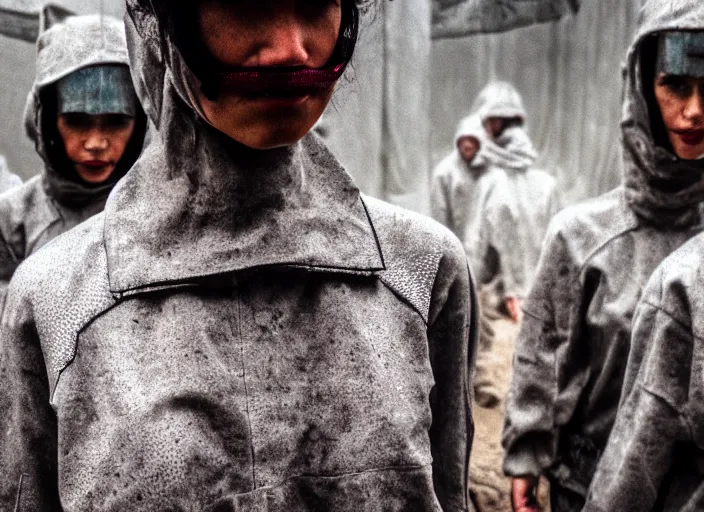 Image similar to cinestill 5 0 d photographic portrait by helen levitt of a group of cute android women wearing rugged black mesh techwear in a foggy cement maze, extreme closeup, modern cyberpunk, dust storm, 8 k, hd, high resolution, 3 5 mm, f / 3 2, ultra realistic faces, intricate detail, ex machina