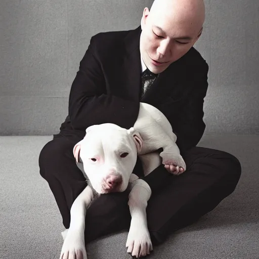 Image similar to portrait of tired white pitbull puppy curled up on a japanese man's lap, highly detailed, cozy aesthetic, fukaya yuichiro