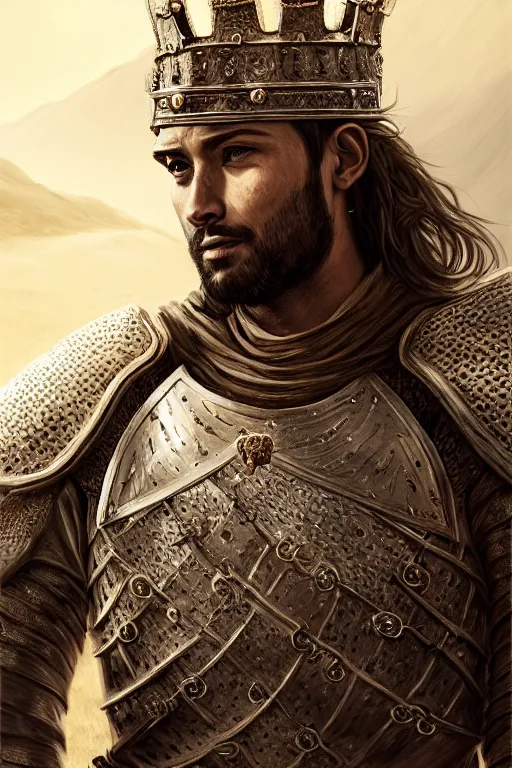 Image similar to Portrait of a handsome king in the desert, Medieval Warrior, detailed scene, Armour and Crown, Sword, photo realistic, highly detailed, dramatic lighting, trending on artstation, elegant, intricate, character design, motion and action and tragedy, fantasy, D&D, highly detailed, digital painting, concept art