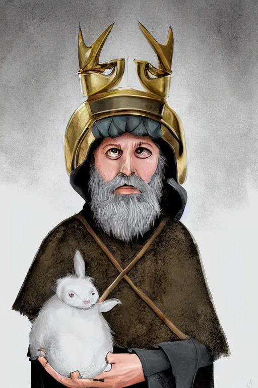 Image similar to tim the enchanter from monty python and the holy grail holding a white rabbit, digital painting, highly detailed