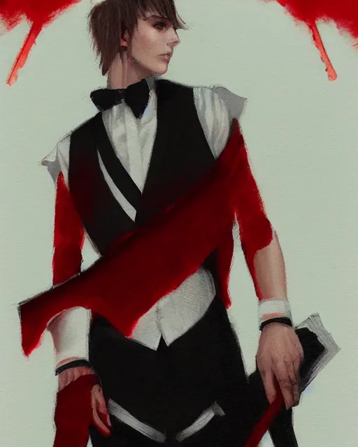 Image similar to Medium shot of Red Imp + White black striped horns + Formal outfit, in the style of greg rutkowski