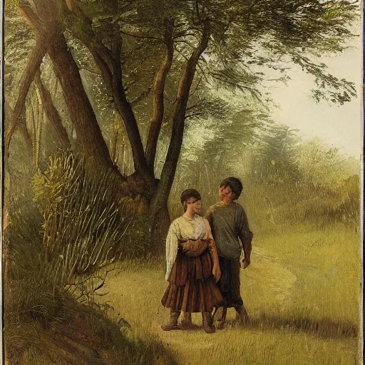 Image similar to a young, poor peasant brother and sister in the forest, wearing peasant clothing, by james gurney and ivan shiskin