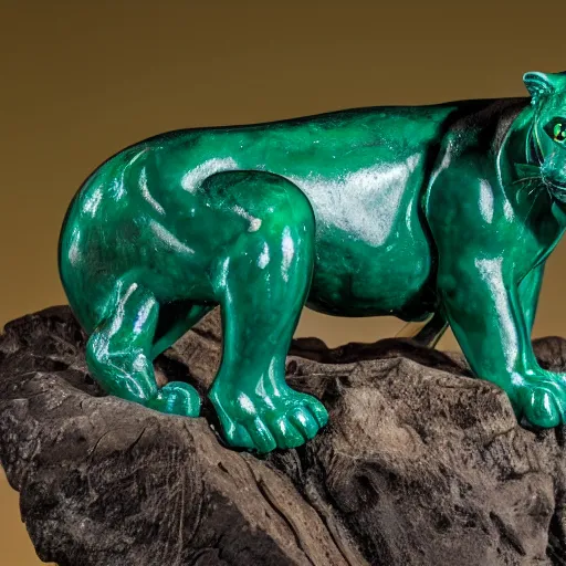 Image similar to Emerald Jaguar sculpture with glowing purple eyes