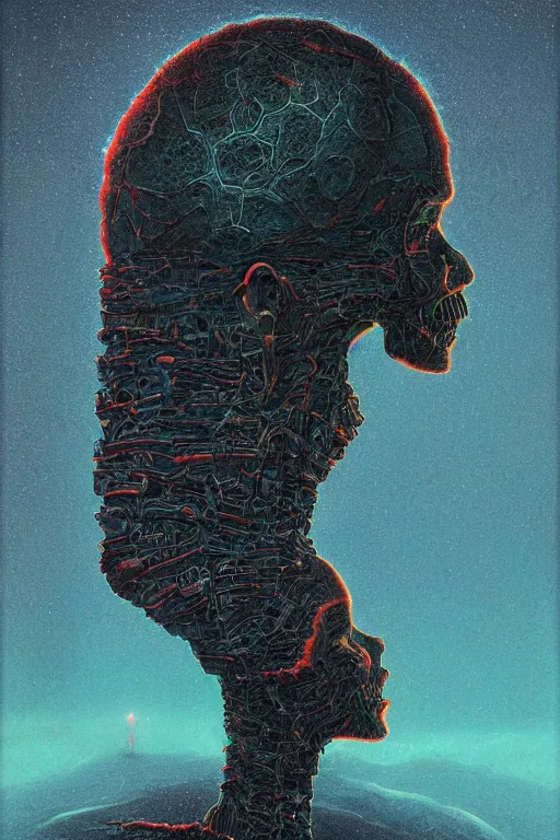 Prompt: 4K Malcom X cyberskull portrait inspired in beksinski and dan mumford work, remixed with Simon Stalenhag work, sitting on the cosmic cloudscape