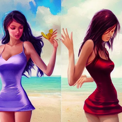 Image similar to two beautiful princesses in skintight satin minidresses on the beach drawn by artgerm and charlie bowater