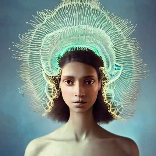 Image similar to a close - up shot of a brown woman wearing a luminous armor made of neon jelly fishes. jellyfish eyes. soft lighting. fragile. haunting eyes!! coherent face!! no makeup!! muted colors. by ray caesar. by louise dahl - wolfe. by andrea kowch. surreal photography