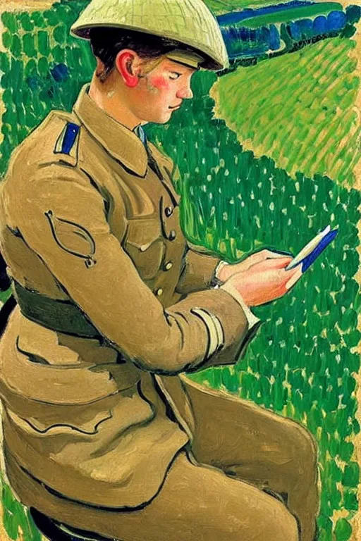 Prompt: a beautiful painting of a soldier writing a letter to home, in the trench, wwii, cuno amiet