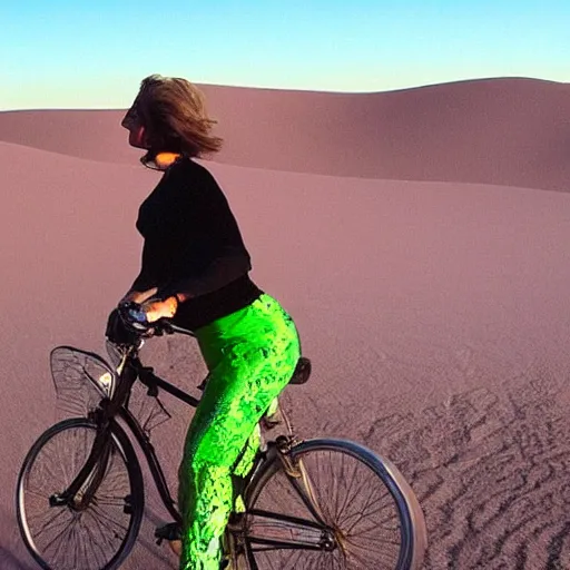 Prompt: the perfect woman riding a bike in the dessert, its raining green acid that melts the mountains around