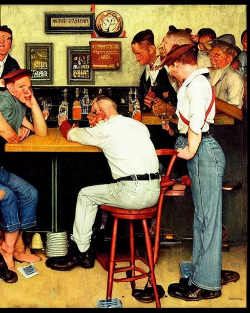 Image similar to crowd of people in a bar in the style of Norman Rockwell and Francis Bacon and Edward Hopper. Strange interior living room with lots of people, surreal