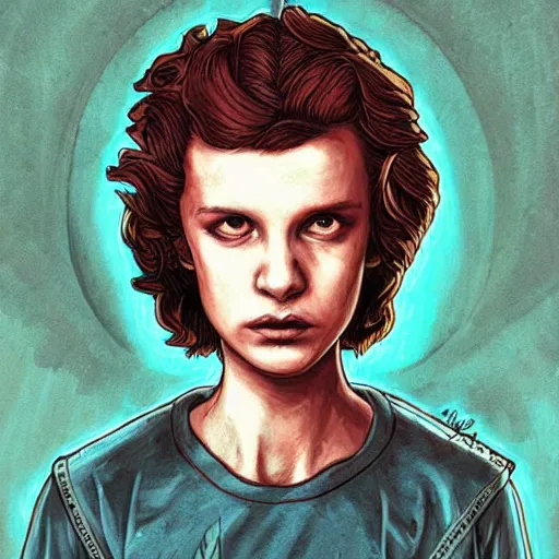 Image similar to eleven from stranger things, portrait by mohrbacher