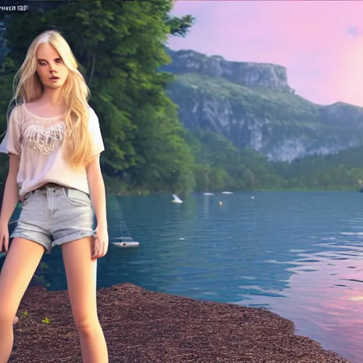 Image similar to a very beautiful swedish girl, full body, long wavy blond hair, sky blue eyes, full round face, short smile, cute top, short jeans, summer lake setting, cinematic lightning, medium shot, mid-shot, highly detailed, trending on Artstation, Unreal Engine 4k, cinematic wallpaper by Stanley Artgerm Lau, WLOP, Rossdraws, James Jean, Andrei Riabovitchev, Marc Simonetti, and Sakimichan