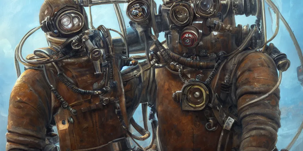 Image similar to highly detailed portrait painting of welder stallone in atmospheric diving suit, by eddie mendoza and tyler edlin, windows, 8 k resolution