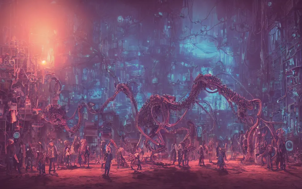 Prompt: a crowd of little blue necromancers summoning a antropomorphic pink elephant playing a giantic steampunk analogic synthsizer with a lot of button potenciometers and iron cables, futuristic, cyberpunk, biomechanical, xenomorphic, photorealistic, ultra detailed, 4 k, chomatic aberration, dof