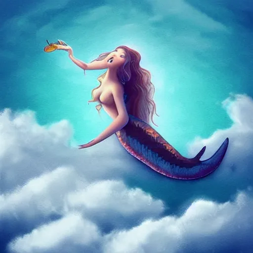 Image similar to “giant mermaid swimming through the clouds. Digital art, Trending on ArtStation, God rays”