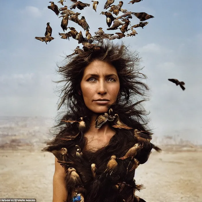 Image similar to closeup portrait of a woman with birds growing out of her face, standing in a desolate apocalyptic city, by Annie Leibovitz and Steve McCurry, natural light, detailed face, CANON Eos C300, ƒ1.8, 35mm, 8K, medium-format print