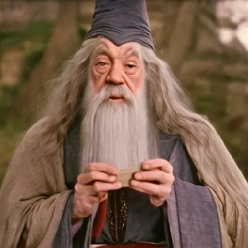 Image similar to portrait of gandalf with a pink bowtie on his head, holding a blank playing card up to the camera, movie still from the lord of the rings