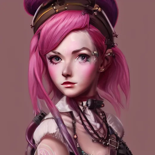 Image similar to a pink hair girl dressed with inspirations from steampunk style, high detailed, digital art, trending on artstation, devianart, cgsociety