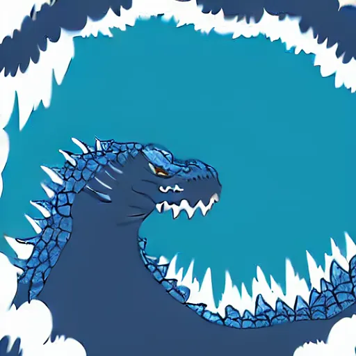 Image similar to a blue water wave in the silhouette shape of Godzilla, cartoon drawing