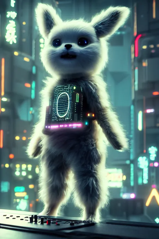 Image similar to high quality 3 d render very cute fluffy cyborg!! dog plays synthesizer, cyberpunk highly detailed, unreal engine cinematic smooth, in the style of blade runner & detective pikachu, hannah yata charlie immer, moody light, low angle, uhd 8 k, sharp focus