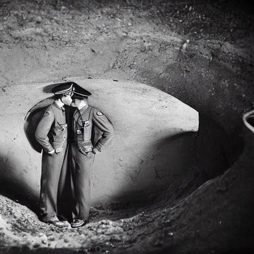 Prompt: a professional photograph of two handsome young wwii soldiers finding love in the bunkers