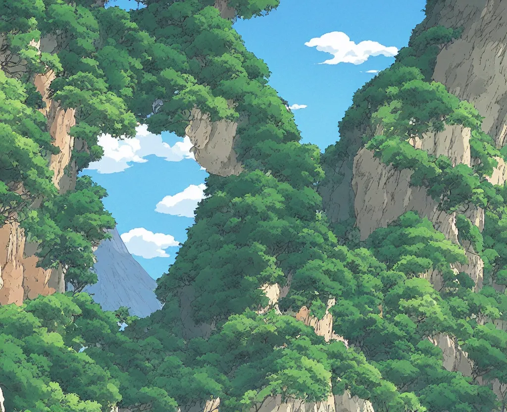 Image similar to a beautiful mountain landscape by studio ghibli