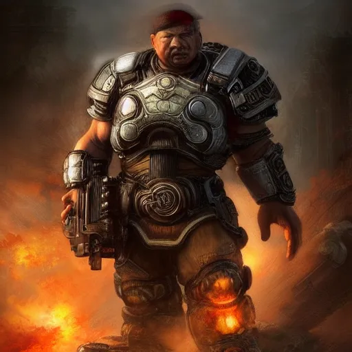 Image similar to Xi Jinping in Gears of War, cover art, ultra wide lens shot , tiny, small, short, cute and adorable, pretty, beautiful, DnD character art portrait, matte fantasy painting, DeviantArt Artstation, by Jason Felix by Steve Argyle by Tyler Jacobson by Peter Mohrbacher, cinematic lighting