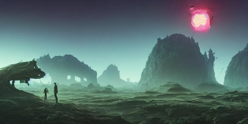 Image similar to an amazing alien landscape, digital art, breathtaking, extremely detailed, digital paintinghyperrealistic, dynamic lighting, particles, unreal engine, simon stålenhag, rendered by Beeple, Makoto Shinkai, syd meade, simon stålenhag, environment concept, trending on artstation, octane render, 4K UHD image